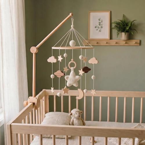 Boho Space Baby Mobile, Neutral Wooden Crib Mobile, Crochet Star, Moon, Clouds and Planets, Celestial Nursery Decor, Baby Shower Gift