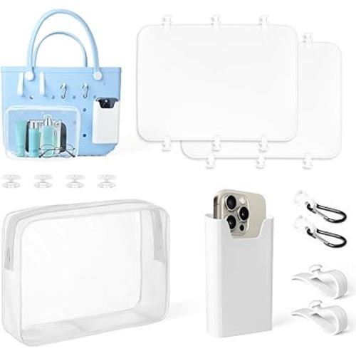 8Pcs Accessories for Bogg Bag, 2Pcs Organizer Divider,Silicone Phone Holder, 4Pcs Key Holder Hooks & Clear Zipper Pouch, Compatible with X-Large Beach Bag,Perfect for Beach,Pool,Summer,Travel