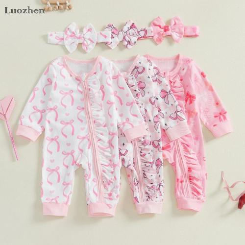 Newborn Girl Fall Waffle Romper Bow Print Long Sleeve Crew Neck - TikTok Shop