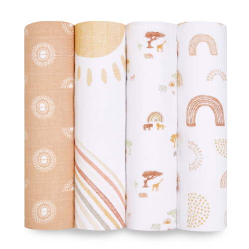 aden + anais Essentials 100% Muslin Cotton Swaddle Blanket, Unisex, 4 Pack, Keep Rising