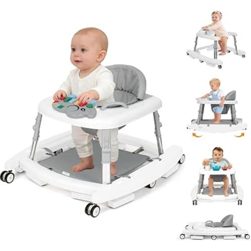 5-in-1 Baby Walker for Boys and Girls Music and Lights 6-18 Month, Foldable Baby Walkers with 5 Adjustable Heights, Infant Toddler Walker with Wheels and Bouncer Combo Portable (White)
