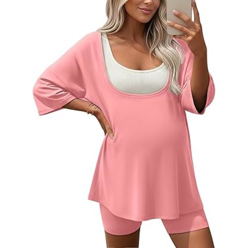 Women's Maternity Lounge Set Pregnancy 2 Piece Outfits Oversized Deep Scoop Neck Tops and Shorts Loungwear Clothes