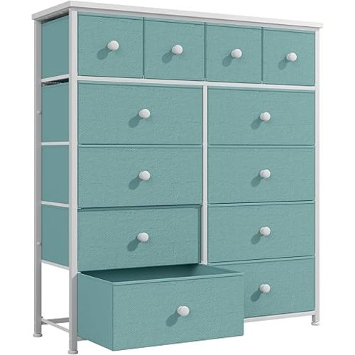 Bepatio Dresser for Bedroom with 12 Drawers, Fabric Dressers & Chest of Drawers with Sturdy Metal Frame, Wood Top, for Woman, 40.6" W x 11.8" D x 44.5" H (Turquoise)