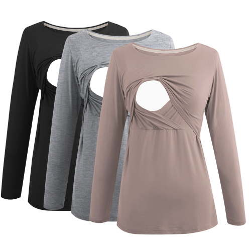 Women's Long Sleeve Maternity Nursing Tops Shirts Breastfeeding Clothes 3-Pack