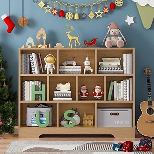 Book Shelf, 10 Cubes Storage Organizer, 3-Tier Open Shelf Wooden Bookcase, Freestanding Log Bookshelf Cube Shelf for Bedroom, Living Room, Home Office