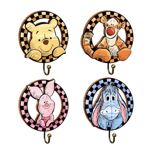 4Pcs Winnie Nursery Hook Cute Towel Hanger, Winnie Baby Room Decor, Wooden Wall Hooks for Hanging Clothes Robes Towels Coats