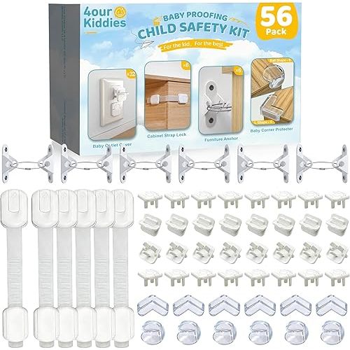 4our Kiddies 56 Pack Baby Proofing Kit, 6 Child Proof Cabinet Locks, 32 Outlet Covers, 6 Anti-Tip Furniture Anchors and 12 Corner Protectors, Child Safety Essentials to Protect Kids at Home