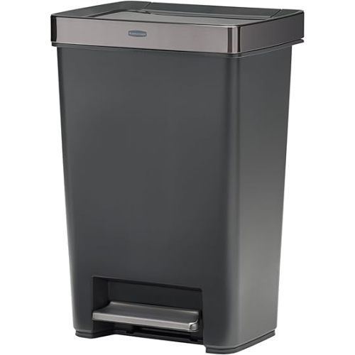 Rubbermaid Premier Series IV Step-On Trash Can for Home and Kitchen, 12.4 Gallon, Stainless Steel Lid Charcoal, for Home/Kitchen/Garage/Apartment/Office
