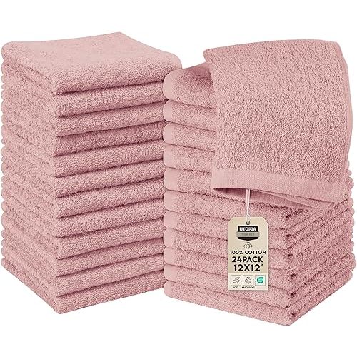 Utopia Towels 24 Pack Cotton Washcloths Set, 100% Ring Spun Cotton, Premium Quality Flannel Face Cloths, Highly Absorbent and Soft Feel Fingertip Towels, Dusty Pink