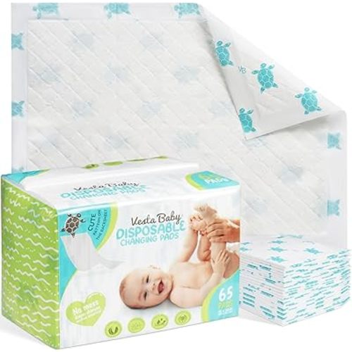 Vesta Baby 65 Disposable Changing Pads - Soft Absorbent Leak Proof Pee Mats - White Portable Diaper Change Underpads for Bed & Table Protection - 15" x 20" Waterproof Liners