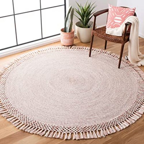 SAFAVIEH Sahara Collection Area Rug - 6' Round, Pink, Handmade Boho Tassel, Ideal for High Traffic Areas in Living Room, Bedroom (SAH490U)