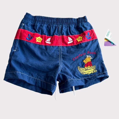 VTG 90s Retro Adorable Disney's Winnie the Pooh Navy Blue Red Sailor Nautical Colorblock Diaperless Swimsuit Trunks size 12 18 or 24 Toddler