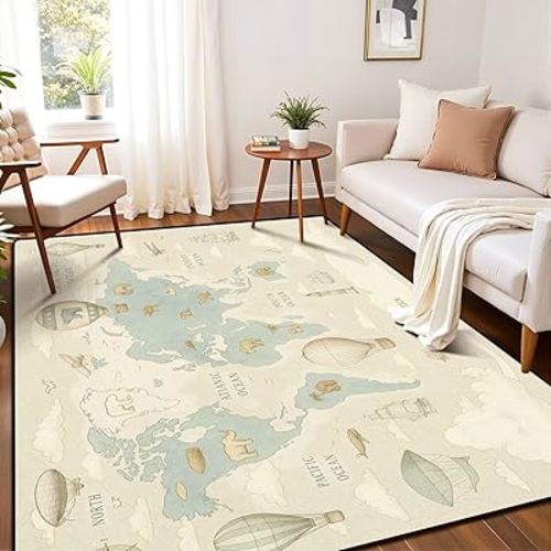 Retro World Map Vintage Hot Air Balloons Planes Kids Area Rug Outdoor Patio Rug Play Mat Modern Floor Carpet Non-Slip Home Decor Living Room Kids Bedroom Nursery, 6x9 ft