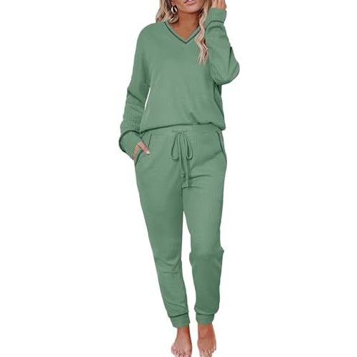 Womens Pajama Sets Waffle Knit 2 Piece Lounge Sets Sleepwear Loungewear Pjs Long Sleeve Maternity Postpartum Pajamas