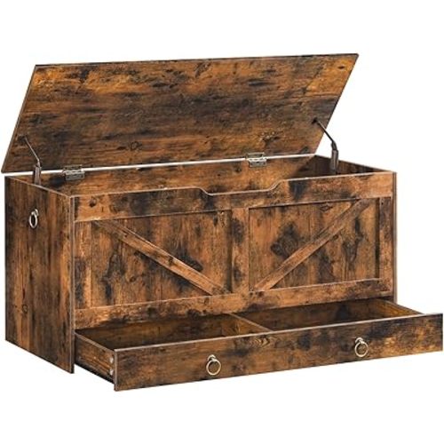 HOOBRO Storage Chest, 43.3" Toy Chest with Drawer, Wooden Storage Bench, Sturdy Entryway Bench Supports 220 lb, Shoe Bench, Safety Hinge, U-Shaped Opening, Easy Assembly, Rustic Brown FG711CW01G1