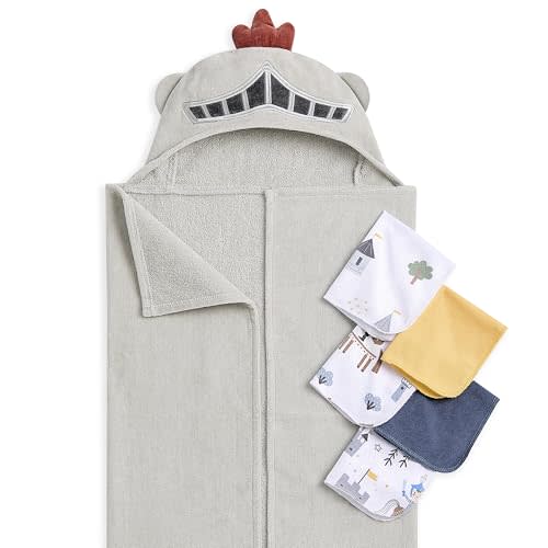 Evolur Good Knight 6 pc Baby Gift Set, Includes Hooded Towel & 5pc Wash Cloths, Soft and 100% Cotton Woven, for Newborn, Infants and Toddlers 0-9 Months