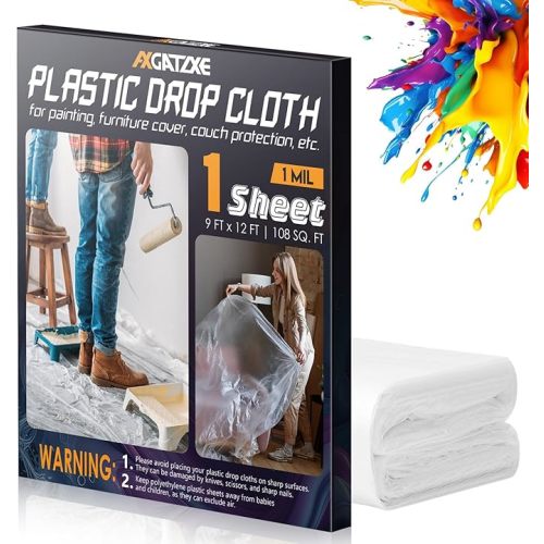 12 x 9 Ft Plastic Drop Cloths (6-Pack) - Disposable Painter's Sheeting & Tarps for Painting, Waterproof Furniture/Couch/Floor Protection