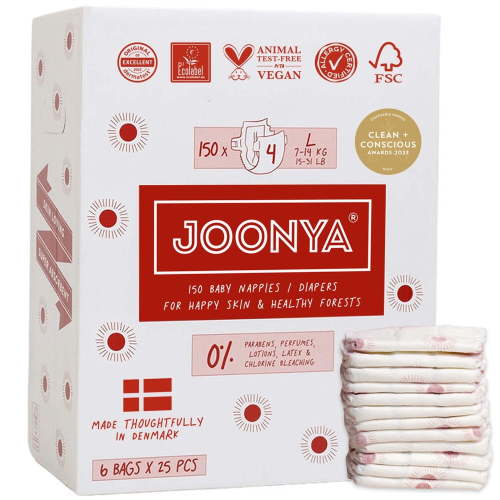 Joonya Baby Diapers - NonToxic, Eco-Friendly, Ultra Slim, Overnight Use - Bulk Disposable Eco Diapers - Made in Denmark - Size 4 L (15-31 lb) - 6 Bags of 25 (150)