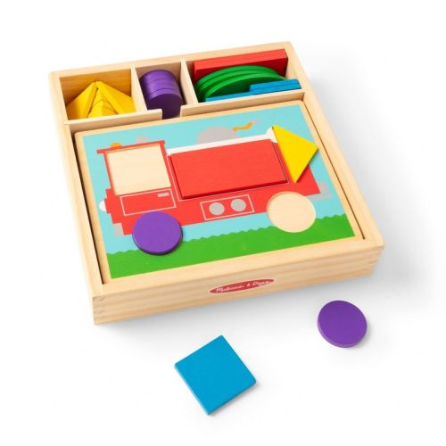 Melissa & Doug Beginner Wooden Pattern Blocks Educational Toy With 5 Double-Sided Scenes and 30 Shapes