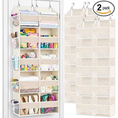 2 Pack Over the Door Organizer 5 Tiers, Extra Large Behind Door Storage of 10 Compartments, 80 lbs Weight Capacity Over Door Organizer, Door Hanging Organizer for Closet, Diaper Organizer, Beige