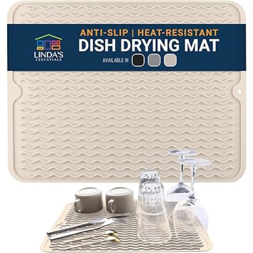 Silicone Dish Drying Mat for Kitchen Counter - Multi-Use 16 x 12 Inch Pad, Non-Slip & Heat-Resistant, Perfect Dish Drainer Mat by Linda’s Essentials, Ideal Kitchen Accessory (Beige)