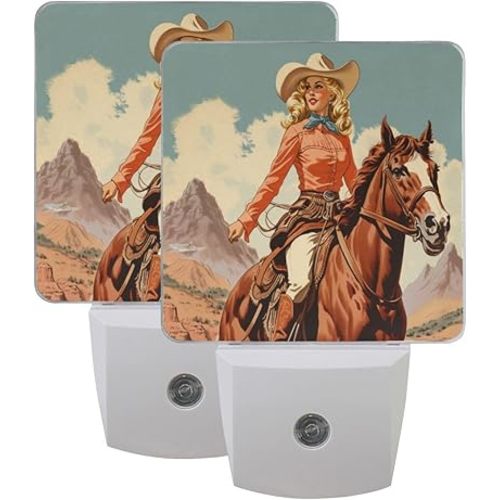 Cowgirl Cowboy Horse View Night Lights 2 Pack Plug-in Wall Led Nightlight Auto Dusk-to-Dawn Sensor Lamps for Bedroom Kitchen Bathroom