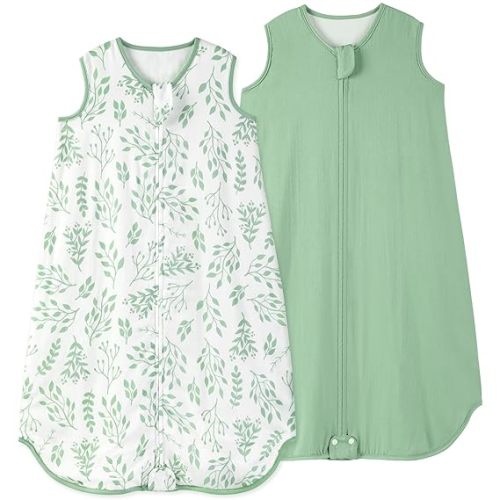 Yoofoss Muslin Baby Sleep Sack 12-18 Months 0.5 TOG Soft Lightweight Baby Sleeping Bag 2 Pack Wearable Blanket for Baby Newborn and Toddler - Leaves&green - Large