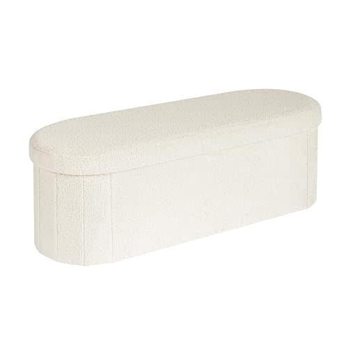 B FSOBEIIALEO Ottoman with Storage for Living Room, Sherpa Folding Storage Ottoman Foot Rest, 43.3 Inches Collapsible Bedroom Bench White Cream