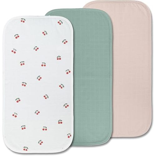 Miaoberry Organic Portable Muslin Changing Pad Liner – Waterproof Reusable Baby Diaper Changing Pad Cover for Travel, Cherry, Pink and Sage, 3 Pack