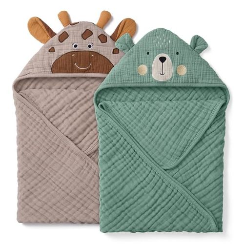 Blissful Diary Muslin Baby Hooded Towel 2 Pack, Soft & Absorbent Bath Towel for Infant, Toddler, Unisex, Baby Gift, Newborn Essentials, Bear & Giraffe