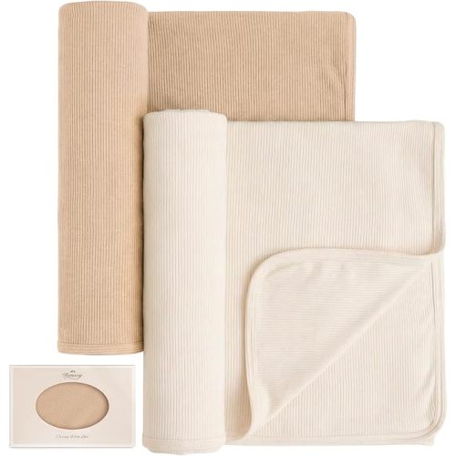 Konssy Ribbed Knit Baby Blankets 2 Pack, Stretchy Lightweight Swaddle Blanket for Boys & Girls, Soft Cozy Receiving Wrap for Newborns, Infants, & Toddlers, 33x42 Inch