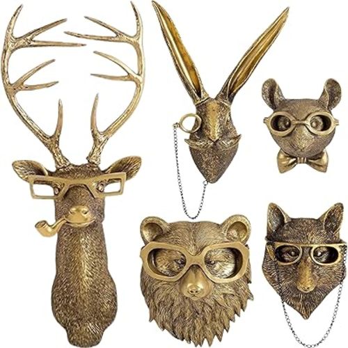 UITWMKTG 5 Pack Animal Head Wall Decor Gold Wall Sculpture Home Decor for Office Bedroom Modern Decor for Men Women