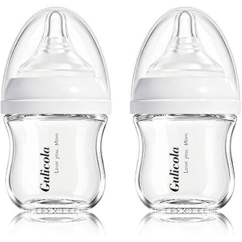 Gulicola Small Glass Baby Bottle for Newborn Breastfeeding Babies, Preemie & Extra Slow Flow Nipples (SS), Anti-Colic, Breast-Like, 0 Months+, 3 oz, 2 Pack - White
