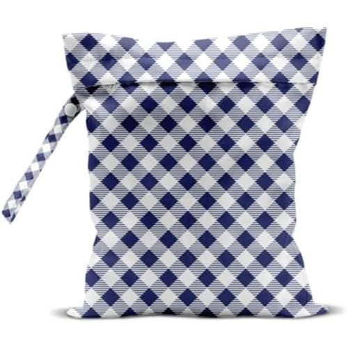 Wet Bag, Wet Dry Bag, Waterproof Swim Bags, Machine Washable Reusable Bags for Beach, Pool, Diapers, and Dirty Yoga Gym Clothes(Navy Blue and White Diagonal Gingham)