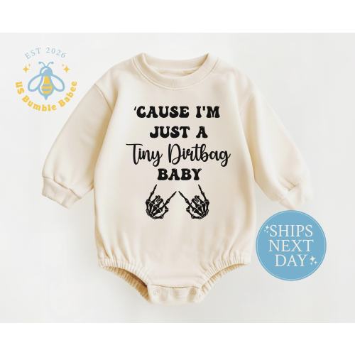 Tiny Dirtbag Baby Punk Long Sleeve Bodysuit, Natural Alternative Romper