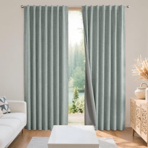 Joydeco 100% Blackout Curtains for Bedroom - Natural Linen Curtains 52" W x 108" L Long, Thermal Insulated 2 Panels Light Blocking Drapes, Rod Pocket & Back Tabs, Darkening Privacy for Living Room