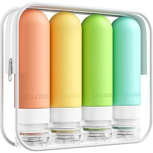 Quatish Travel Bottles for Toiletries, Original Patented Leak Proof Travel Size Containers, 3 oz Tsa Approved Silicone Shampoo and Conditioner Bottles, 4 Pack, Multi-Color
