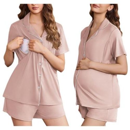 Ekouaer Women's Maternity Nursing Pajama Sets Button Down Postpartum Pajamas Short Sleeve Breastfeeding Clothes Pink L