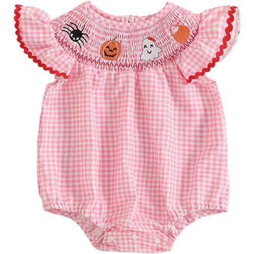 Kayotuas Newborn Baby Girls Smocked Bubble Romper Cute Embroidery Ruffle Gingham Bodysuit Dress Infant Toddler Summer Clothes