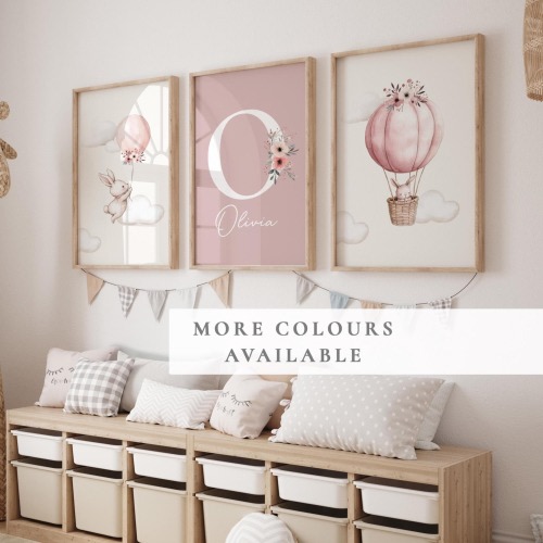 Set of 3 Bunny Nursery Wall Art Print, Custom name Wildflowers, Personalised Newborn Name sign, Girl Nursery Decor, Rabbit