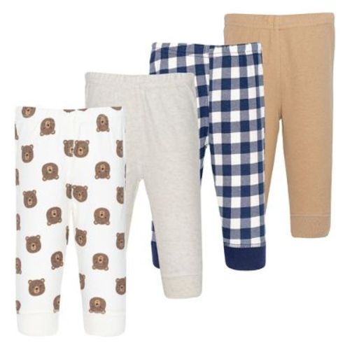 Hudson Baby Basics Infant Boy Comfy Cotton Pants 4-Pack, Cozy Bear Adventure, 0-3 Months
