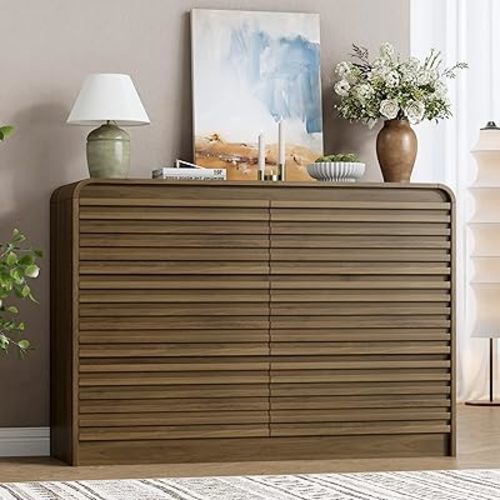 Fluted 6 Drawers Dresser for Bedroom, 47" Wide Wood Chests of Drawers with Curved Profile, Mid Century Modern Dresser with Large Storage & Hidden Handle for Hallway, Walnut