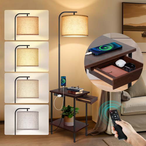 OUTON Floor Lamp with Table, End Table with Lamp for Living Room with USB & Type C Charging Port, Dimmable Lamps for Nightstand Attached for Bedroom, Walnut