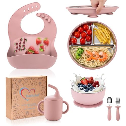 Toddler Plates and Bowls Set Stainless Steel - Bathchef Baby Feeding Set Strong Suction, BPA Free Durable Divided Plates, Safe Self Baby Feeding Utensils,Cup,Spoon,Fork,Dishwasher Safe,6pcs,Pink