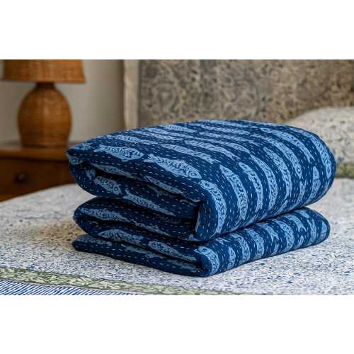 Indigo Fish Kantha Quilt, Hand-Stitched Cotton Reversible Bedspread