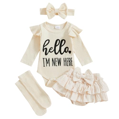 Ursobutegl Im New Here Newborn Baby Girl Outfit Ruffle Romper Tiered Tutu Dress Shorts Headband Socks Coming Home Clothes Set