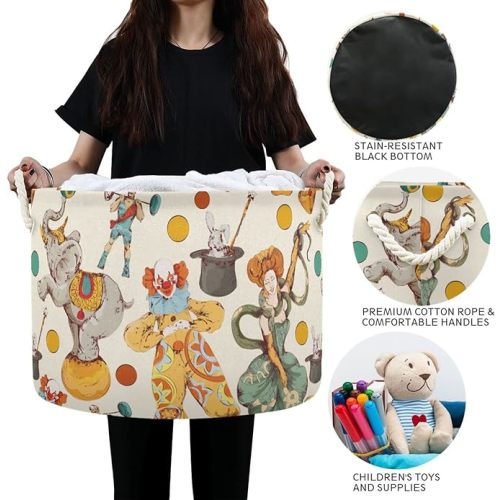 Large Storage Basket for Toys Circus Elephant Forest Animal Round Blanket Basket Baby Laundry Hamper Canvas Organizer Bin Box Cotton Rope Collapsible Bucket Pillow Home Decor