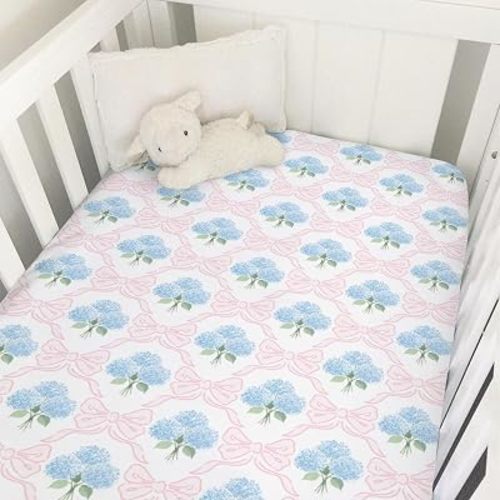 Preppy Bows Floral Baby Crib Sheets for Boys Girls Blue Hydrangea Pink Bows Soft Snug Fitted Crib Mattress Covers for 52''x28'' Standard Crib & Toddler Mattress Pastel Hydrangea Flowers Bed Sheets