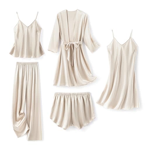 SAPJON Silk Pajamas for Women 5Pcs Sleepwear Loungewear Satin Robe Cami Shorts Pj Set