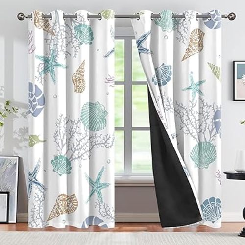 CSFOTO Coastal Nautical Blackout Curtains 2 Panels White Beach Starfish Seashell Thermal Insulated Curtains Ocean Theme Coral Print Window Drapes Decor for Living Room Bedroom Nursery, 53x84 Inches